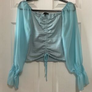 Ribbed Blue Blouse with Sheer Sleeves